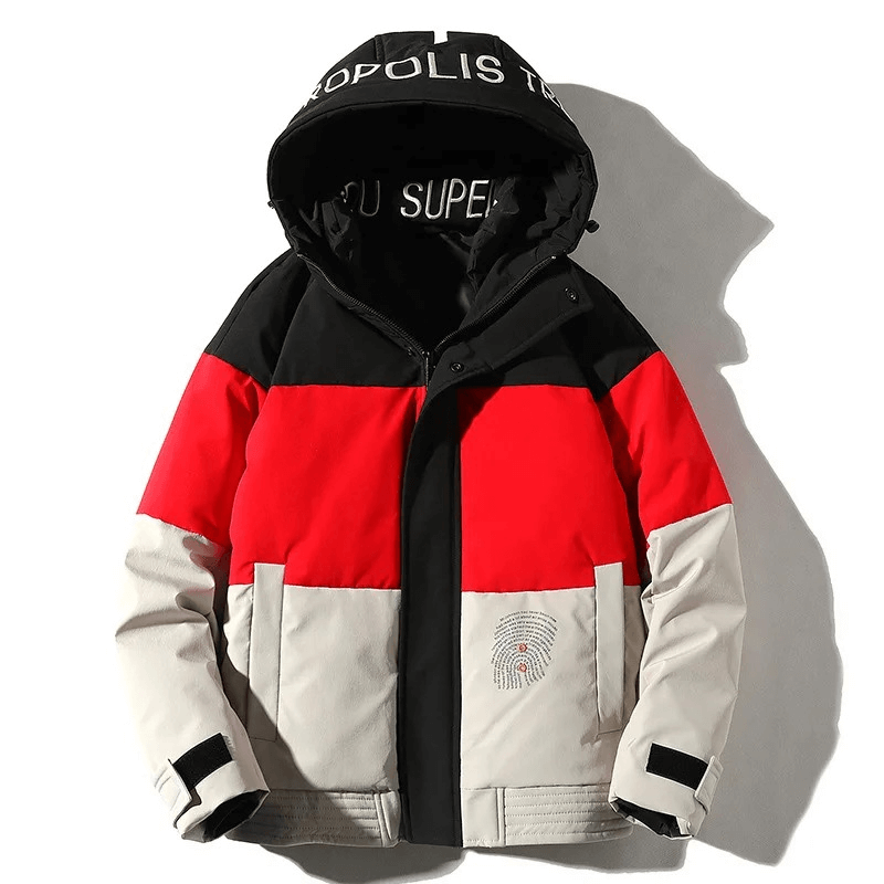 Stylish men's down jacket SF1901 with hood and stand collar, red and black design, 90% down content for warmth and comfort.